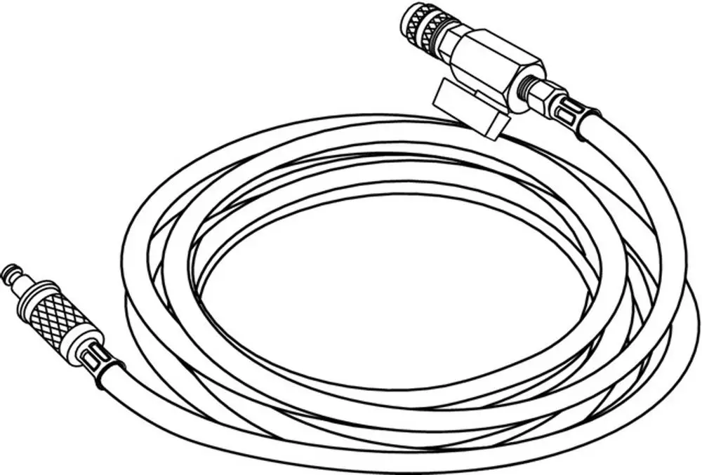 Roten Messschlauch von IMI Hydronic Engineering, ca. 3 Meter lang, mit einem Kugelhahn. Der Schlauch hat Anschlüsse an beiden Enden.
